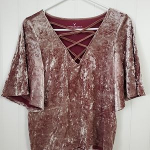 American Eagle Crushed Velvet Lace Up Flutter Sleeve T-Shirt
